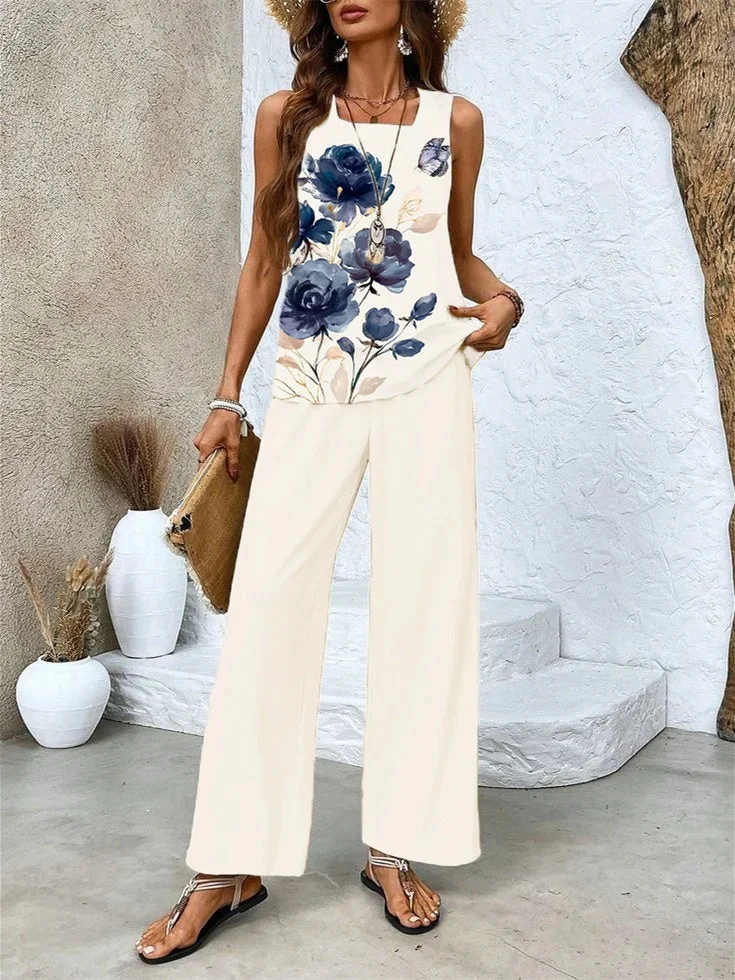 Women's Sleeveless Square Collar Floral Printed Casual Set