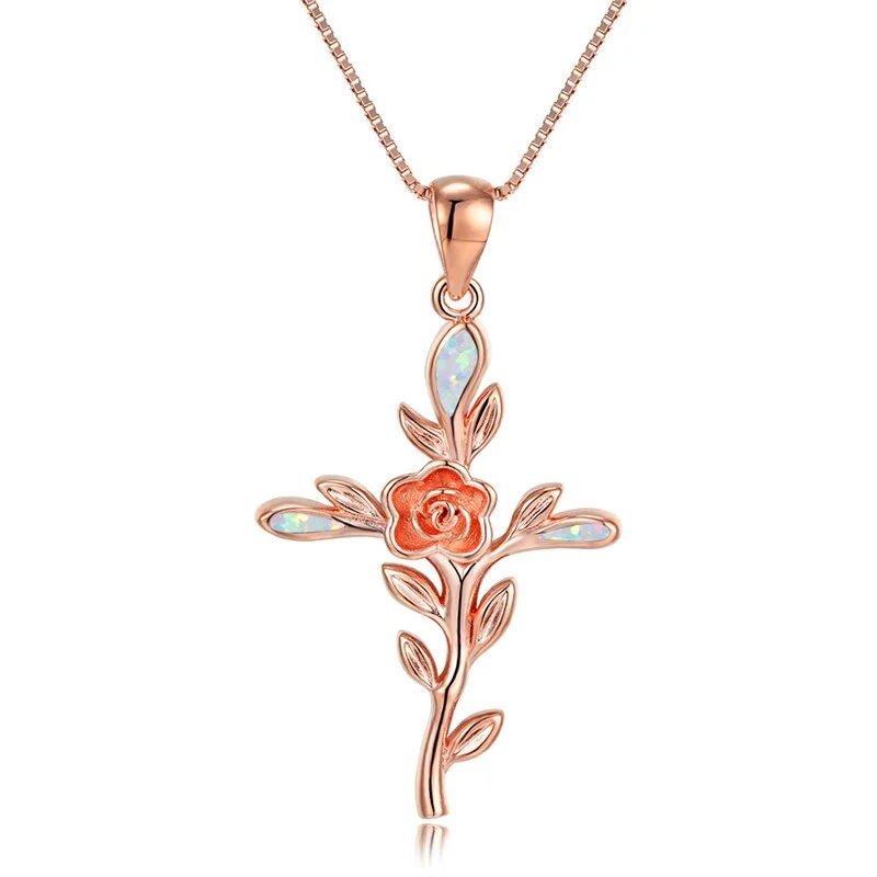 Boho Female Rose Flower Pendant Necklace Rose Gold Silver Color Chain Necklace Vintage White Blue Opal Cross Necklaces For Women