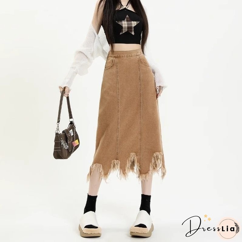 Back School Outfits Tassel Raw Edge Denim Skirt Women Design Sense Hotsweet High Waist A