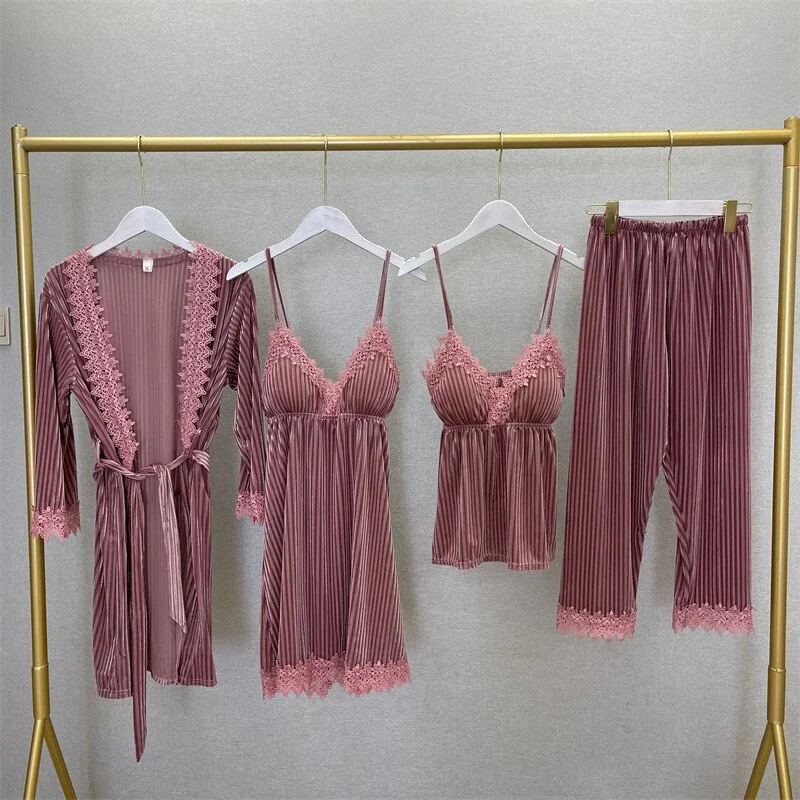 Stripe 4PCS Pajamas PJS Set Women Lace Robe Kimono Bath Gown  Nightwear Intimate Lingerie Autumn Sleepwear Home Clothes