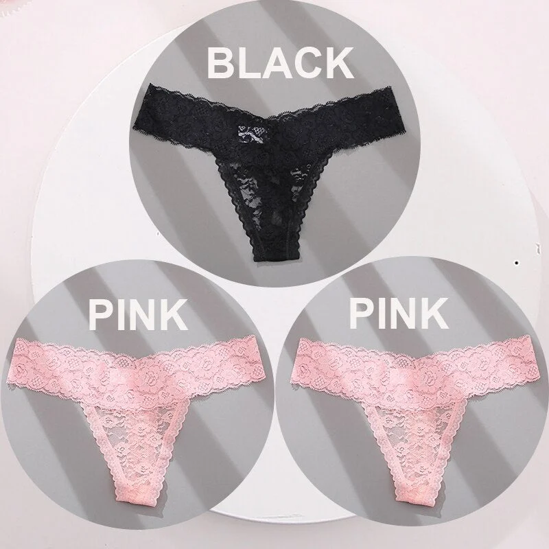 FINETOO 3PCS/Set M-XL G-string Thong Panties for Woman Sexy Lace Floral Underwear Transparent Women's Underpants Female Lingerie