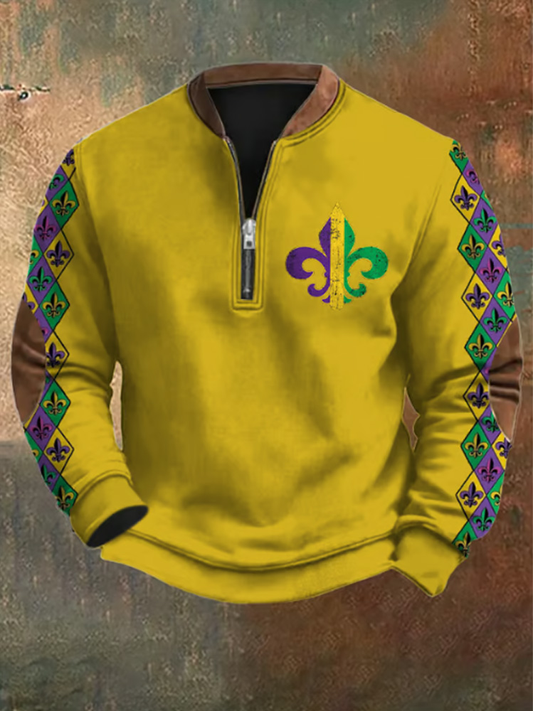 Comstylish Men's Retro Mardi Gras Print Zipper Sweatshirt