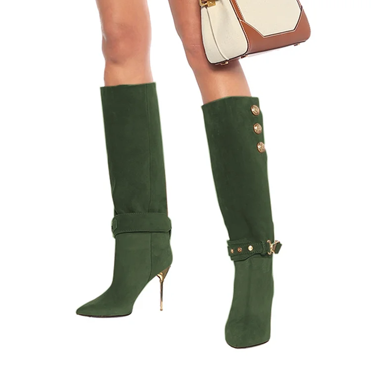 Green Suede Calf Length Fall Fashion Boots Vdcoo