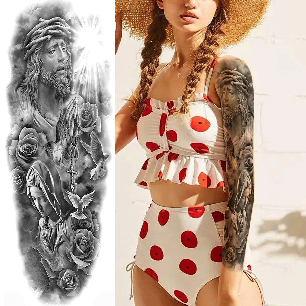 Sexy Full Arm Temporary Tattoos Sticker For Women Men Adult Gun Nun Vines Realistic Fake Tattoo Sleeves Large Tatoos Paste