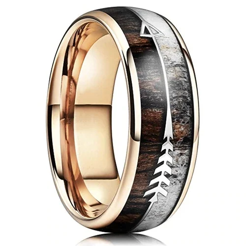 6MM 8MM Women's Or Men's Tungsten Carbide Wedding Matching Rings Rose Gold Cupid's Arrow over Wood Inlay with High Polish Antler and Dark Wood Inlay Domed Top