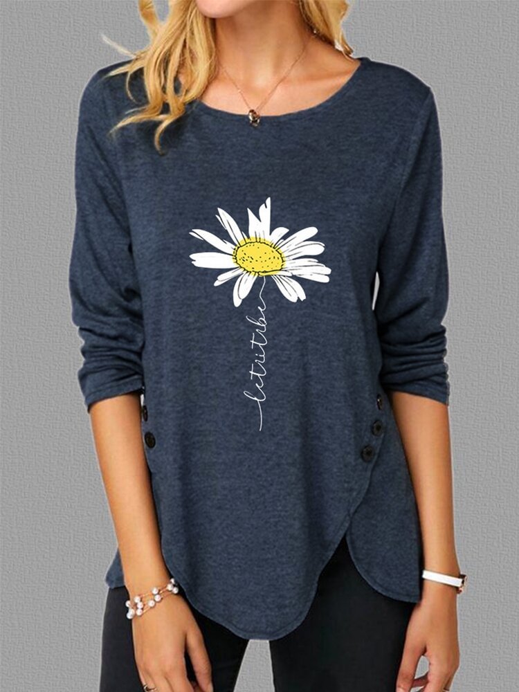 Side Button Daisy Flower Print Long Sleeve Blouse For Women P1718277
