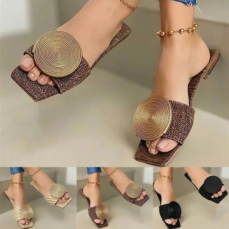2021 Summer Women Slipper Flat Fashion Female Shoes Square Toe Flat Round Buckle Decoration Solid Flats Sandals  Beach Shoes