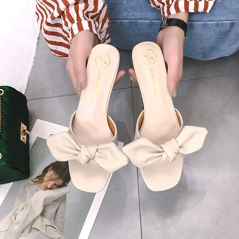 2020 autumn Korean version open toe square bow shoes women shoes with high heels slippers women sandals summer hing heel mujer