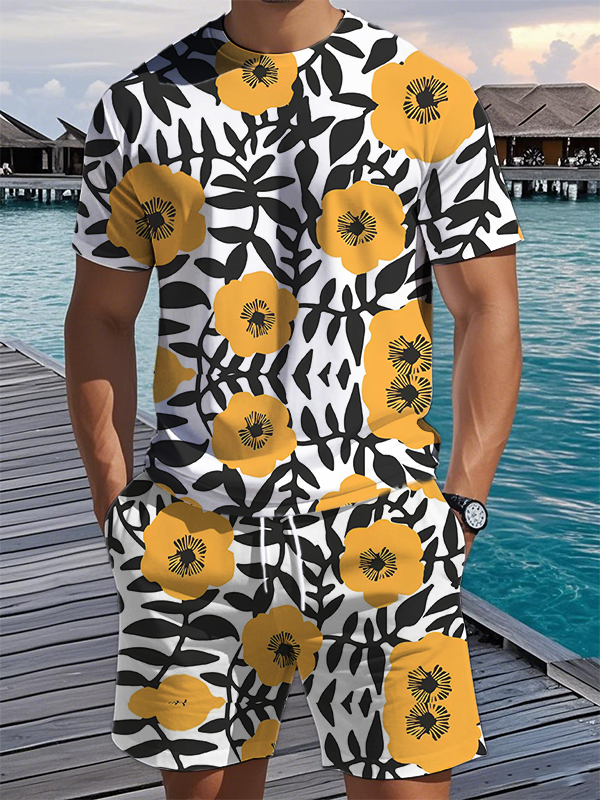 Men's Color Matching Flower Vacation Art Print T-Shirt Shorts Set