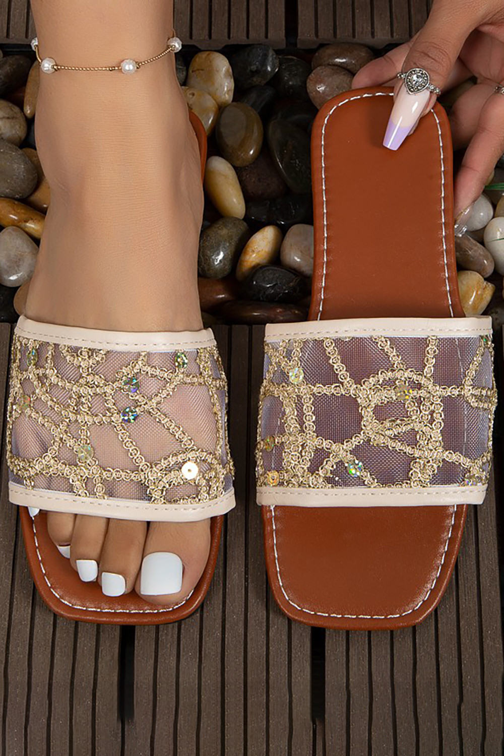 Plus Size Beach Mesh Square Head Mesh Patchwork Flat Slippers