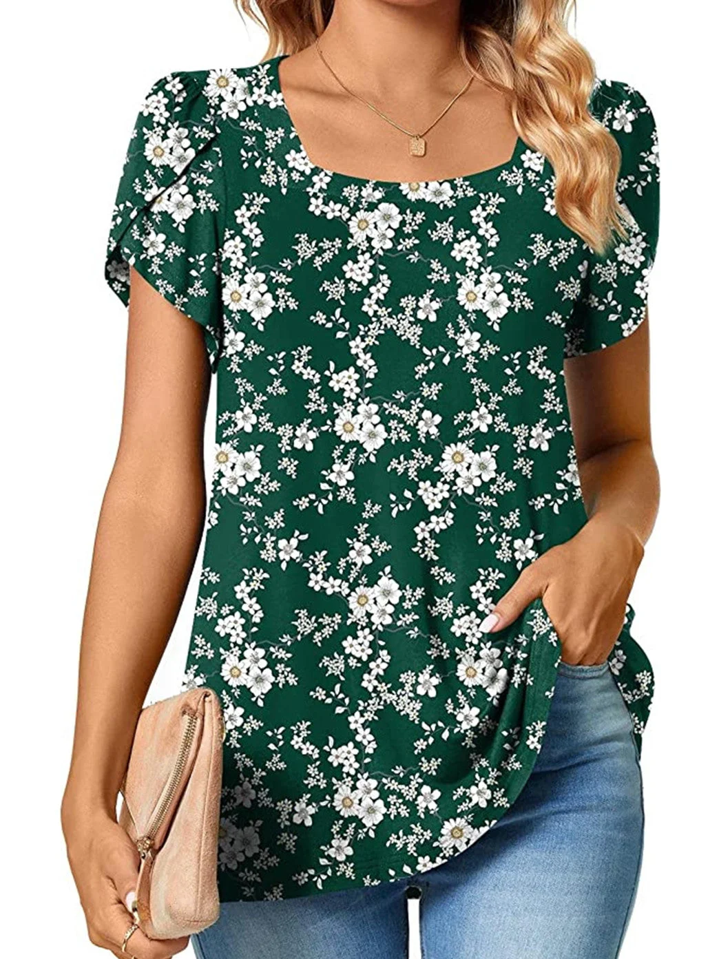 Women's Short Sleeve Square Neck Floral Print Casual Top