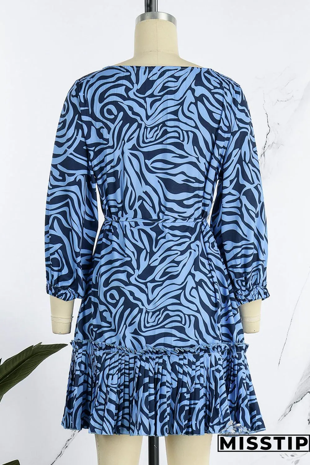 Blue Casual Print Patchwork Fold O Neck A Line Dresses