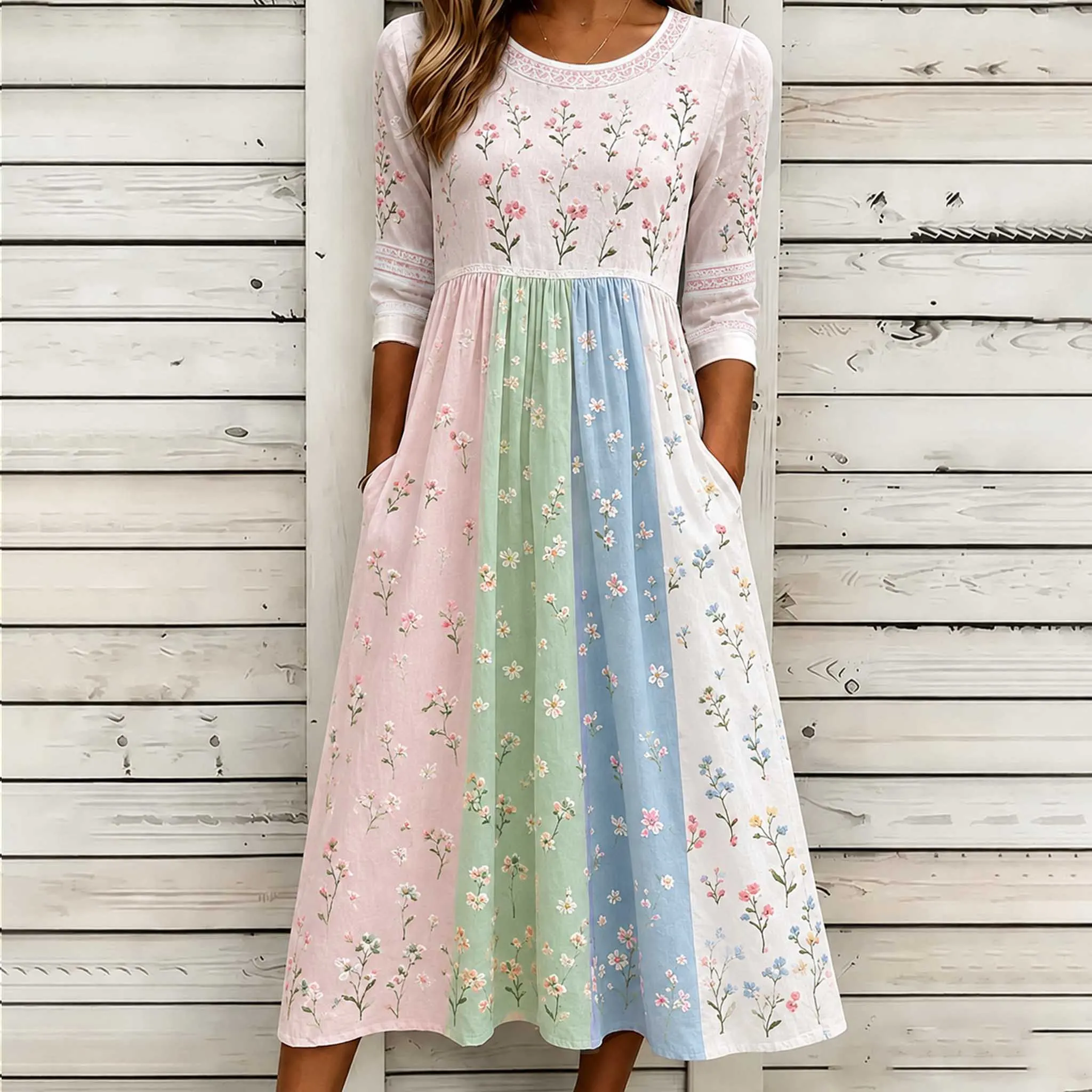Women's Retro Rose Art Embroidery Color Block Splicing Comfortable Cotton Linen Round Neck Dress elevenforest