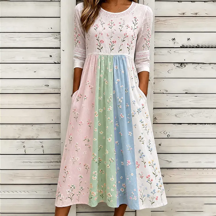 Women's Retro Rose Art Embroidery Color Block Splicing Comfortable Cotton Linen Round Neck Dress
