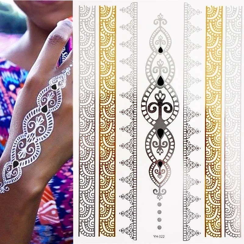Hot Flash Metallic Waterproof Temporary Tattoo Gold Silver Tatoo Women Henna Boho Floral Design Tattoo Sticker