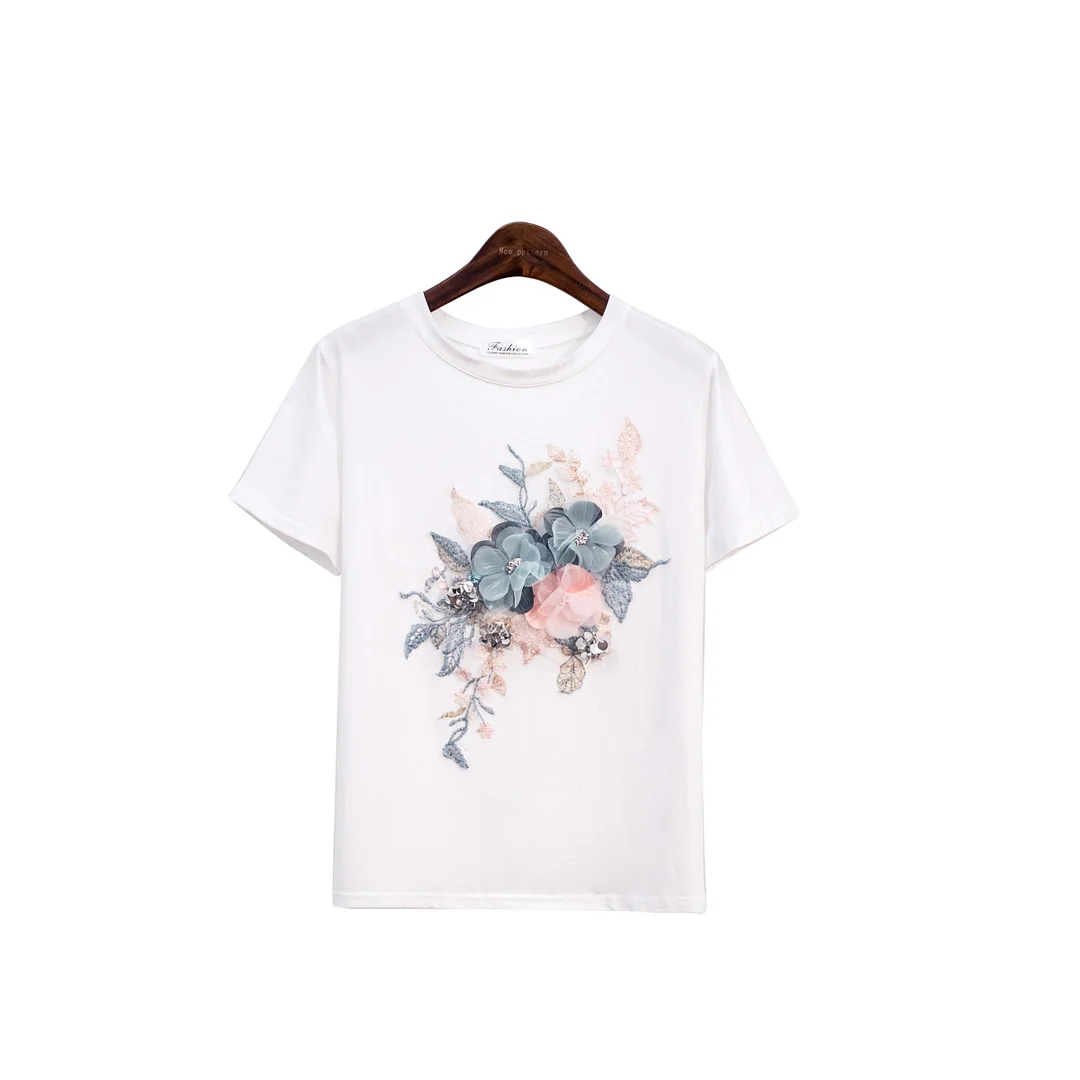 Summer Embroidery Beading Flower Tshirts Women O Neck Short Sleeve Girl Tops T-shirts Women Floral Tee Shirt