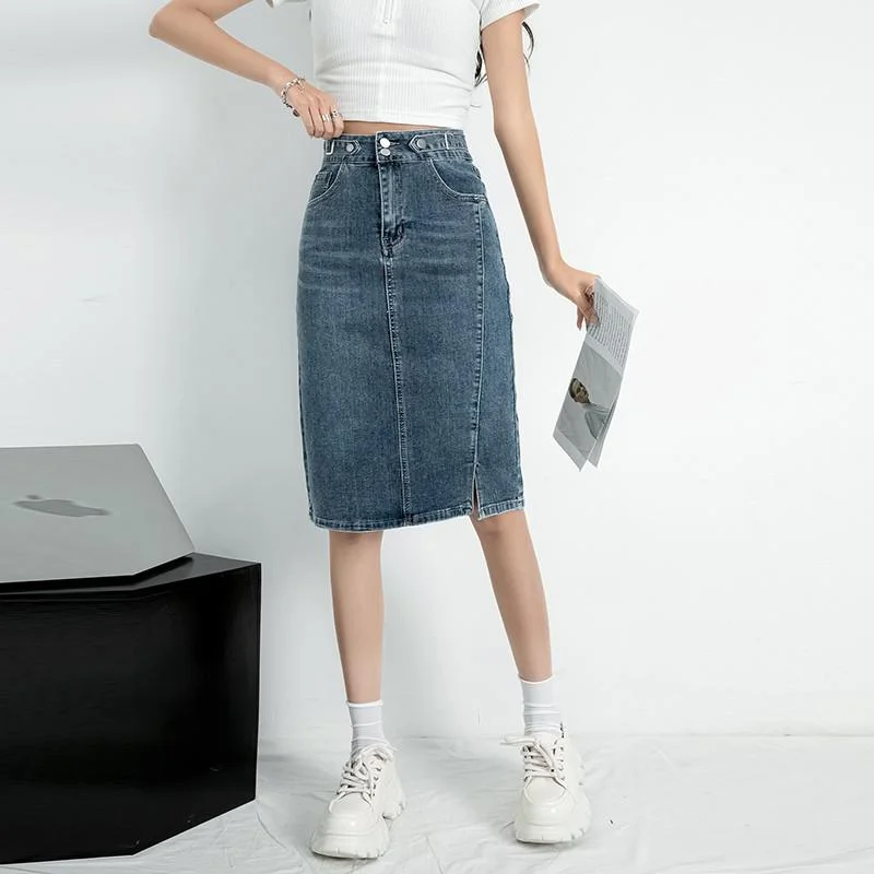 ZHISILAO New Pencil Denim Skirt Women Vintage Stretch High Waist Bodycon Jeans Skirts Midi Summer 2022