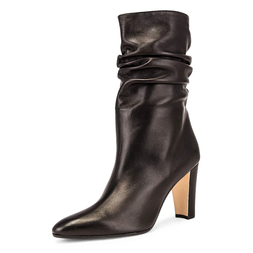 Black Vegan Leather Slouch Mid Calf Boots with Chunky Heels
