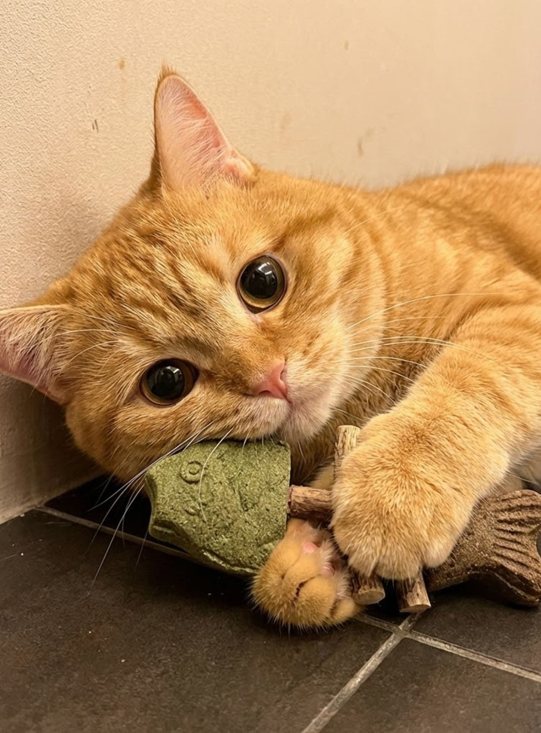 Orange cat playing with toy