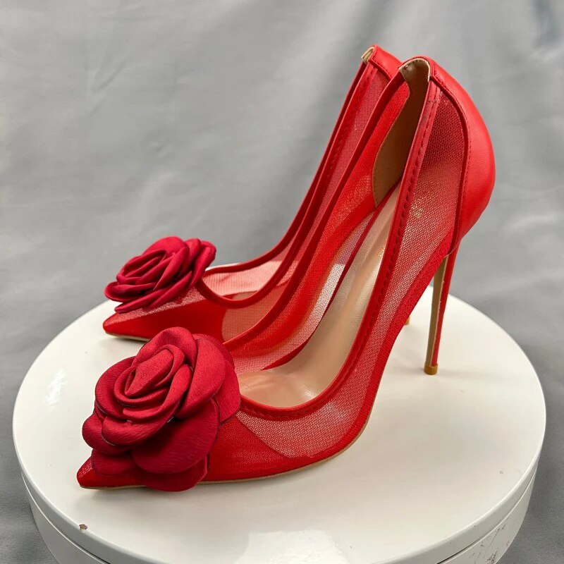 Women Patchwork Red Mesh Gauze Pointy Toe High Heel Party Shoes Flower Stiletto Pumps 8cm 10cm 12cm