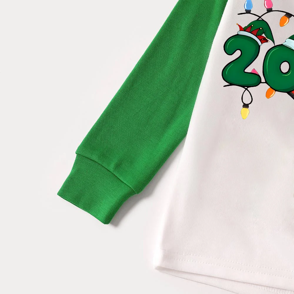 Christmas "2024" Letter Print Green Rotator Cuff Top With Green & Black Plaid Family Matching Pajamas