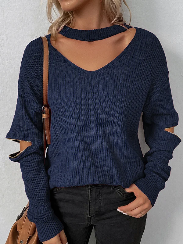 Zipper Solid Color Hollow Loose Long Sleeves V-Neck Sweater Tops Pullovers