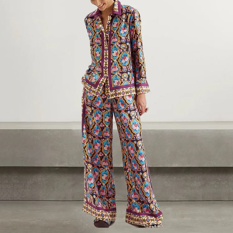 Fashion Tribal Geometry Printed Shirt Two Piece Set