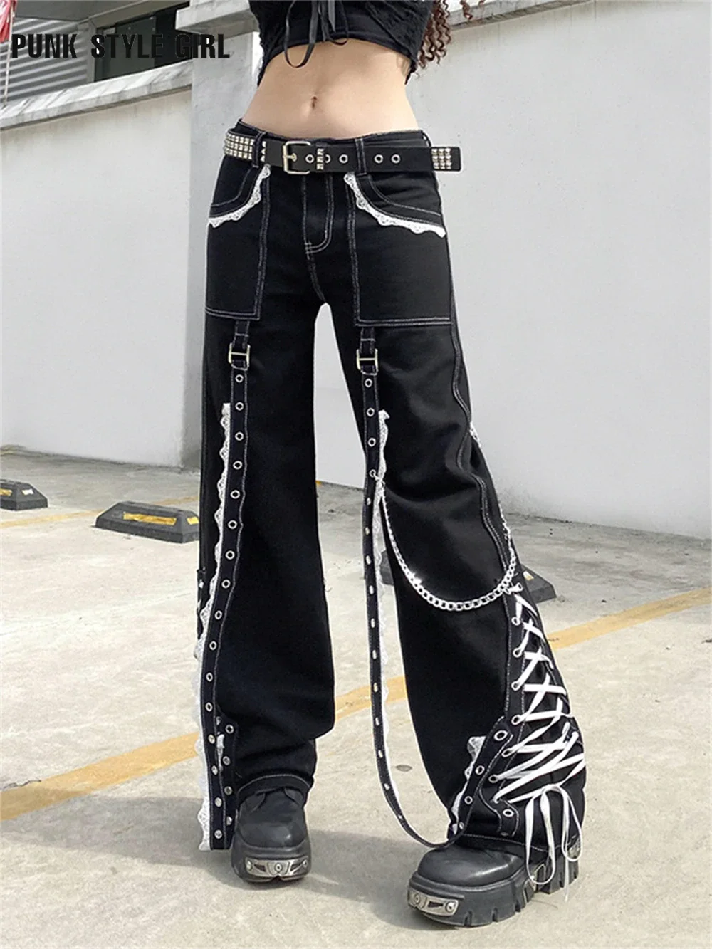 Jangj Punk Cargo Pants Emo Alt Harajuku Black Buckle Chain Denim Trousers Women Casual Y2k Cyber Straight Jeans Hippie Pockets Pants