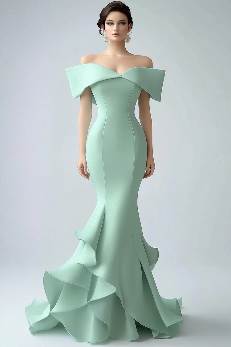 Off The Shoulder Irregular Layered Fishtail Maxi Dress-Sage Green [Custom-Made]