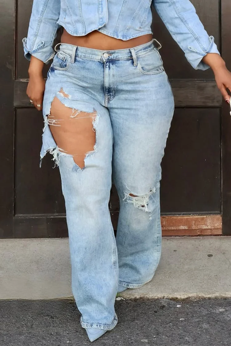Plus Size Daily Light Blue Pocket Casual Ripped Denim Jeans [Pre-Order] 2024 - Xpluswear