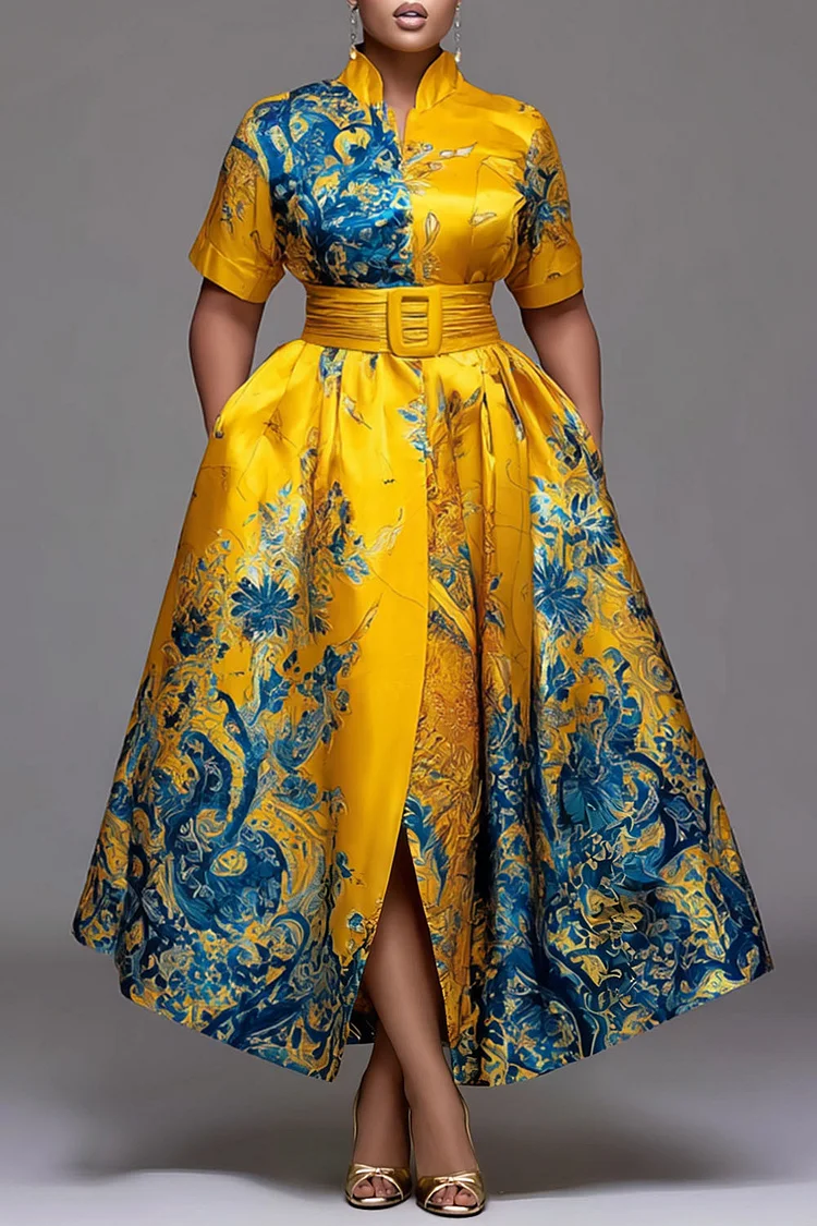 blue and yellow dress plus size Blue Mustard Yellow African Ankara Print Plus Size Clothing Party Dres –  Africanclothinghub main image 1