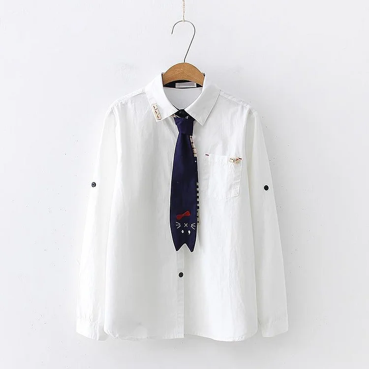 Cute Cat Tie Wooden Buckle Shirt - Gotamochi Kawaii Shop, Kawaii Clothes