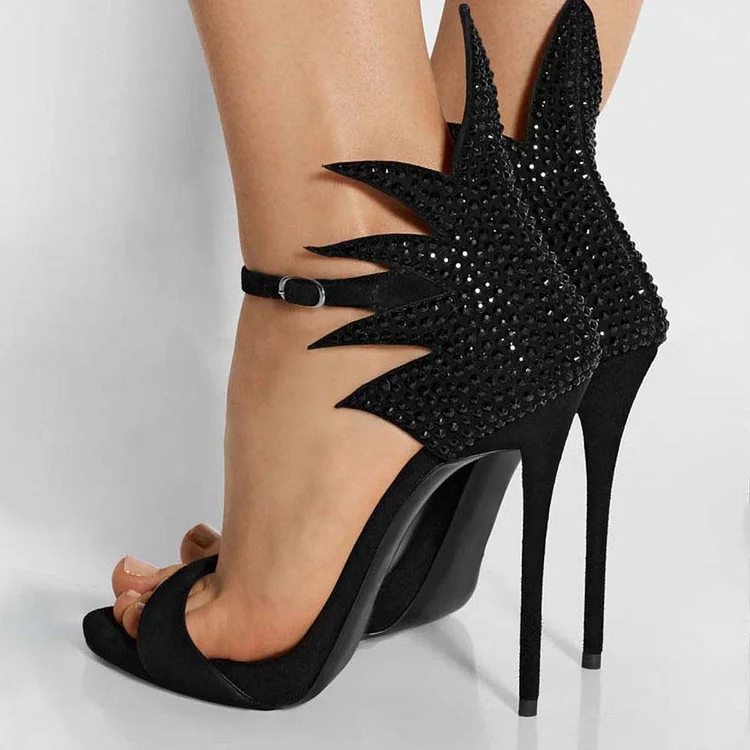 Black Evening Shoes Ankle Strap Sandals Hotfix Prom Shoes |FSJ Shoes