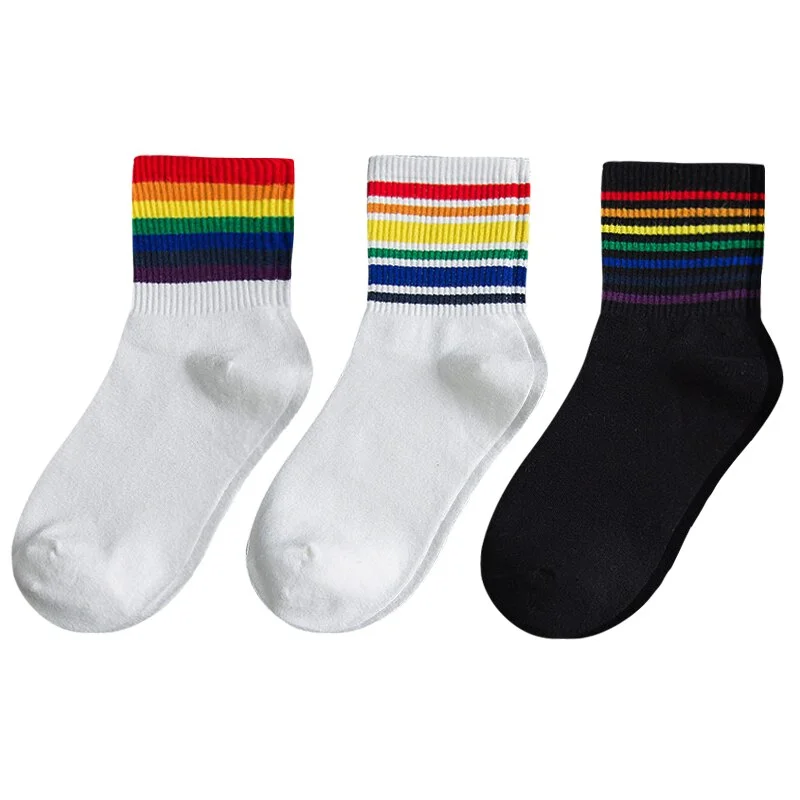 3 Pairs Fashion Women's Socks Cotton Unisex Rainbow Color Women Funny 100 Cotton Harajuku Designer Striped Standard Length Sock