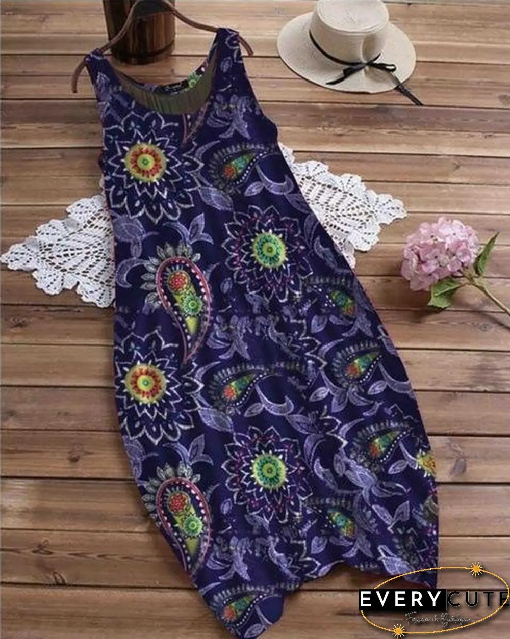 Summer Leisure Vacation Printing Sexy Round Neck Sleeveless Dress