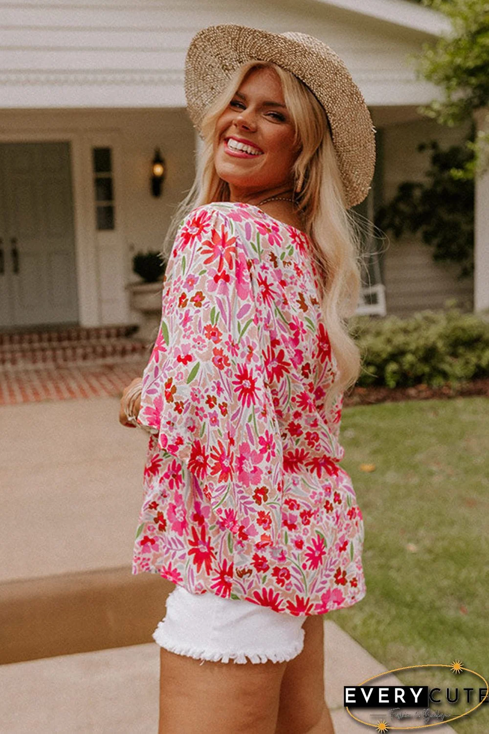 Pink Floral Ruffled Half Sleeve V-Neck Plus Size Blouse