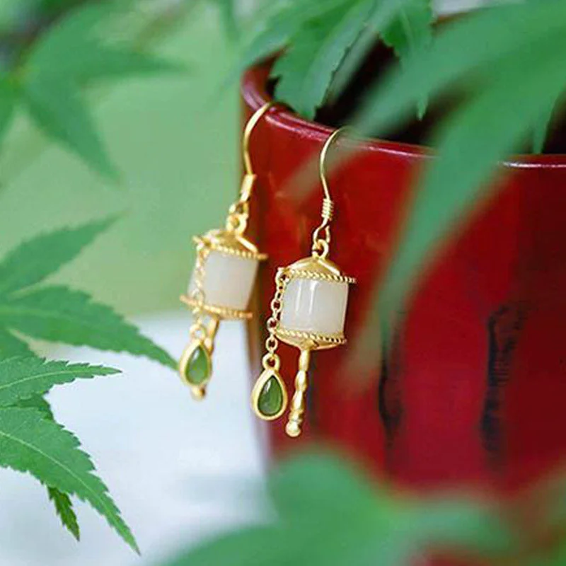 925 Sterling Silver Jade Prayer Wheel Luck Drop Earrings