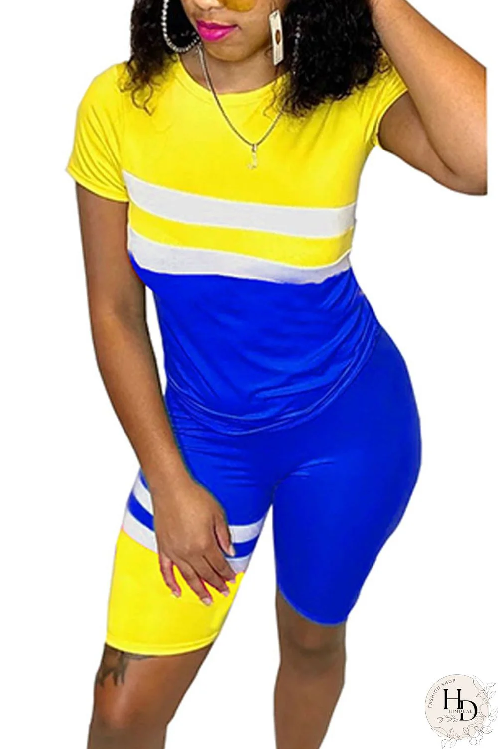 Red Polyester Fashion Casual Patchwork Print Two Piece Suits pencil Short Sleeve Two Pieces