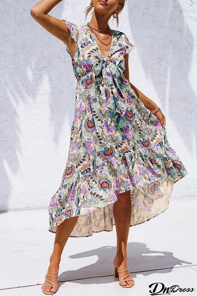 Multicolor Boho Floral Print Asymmetric Hem High Waist Long Dress