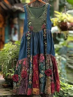 Women's Vintage Rose Floral Print Patchwork Denim Dress