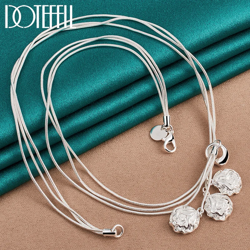 DOTEFFIL 925 Sterling Silver Three Rose Flowers Snake Chain Necklace For Women Jewelry