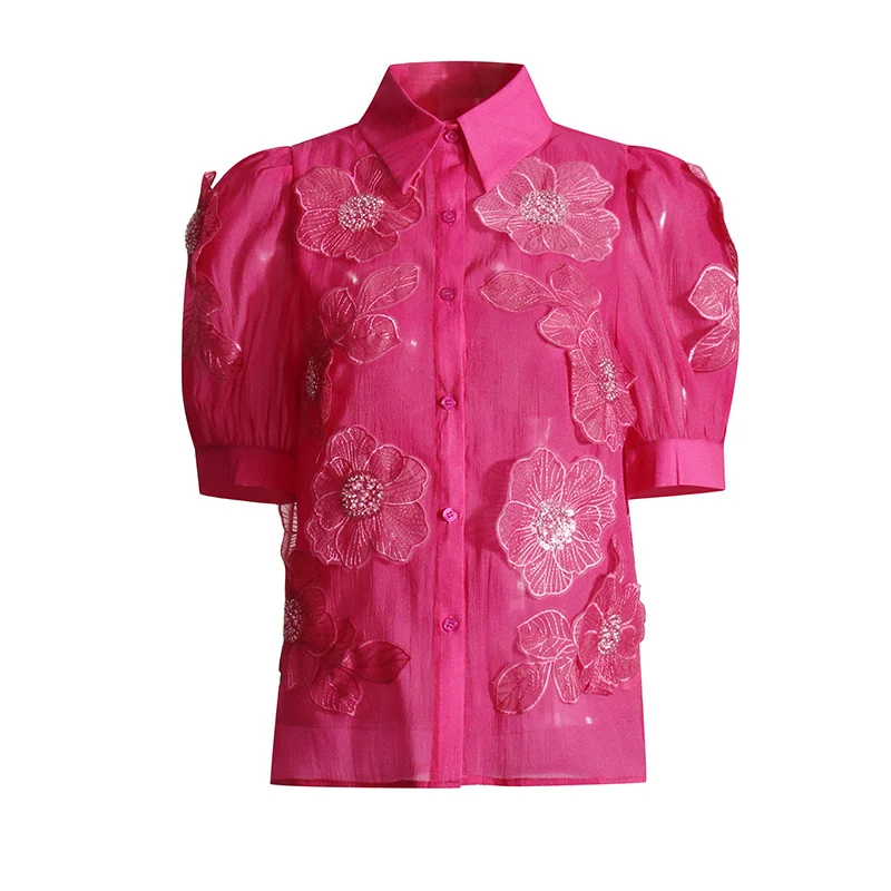 Toloer Toloer Temperament Elegant Wind Shirt 2024 Autumn New Nail Bead Three-Dimensional Flower Perspective Shirt Short-Sleeved Jacket Female-Outfit Ideas