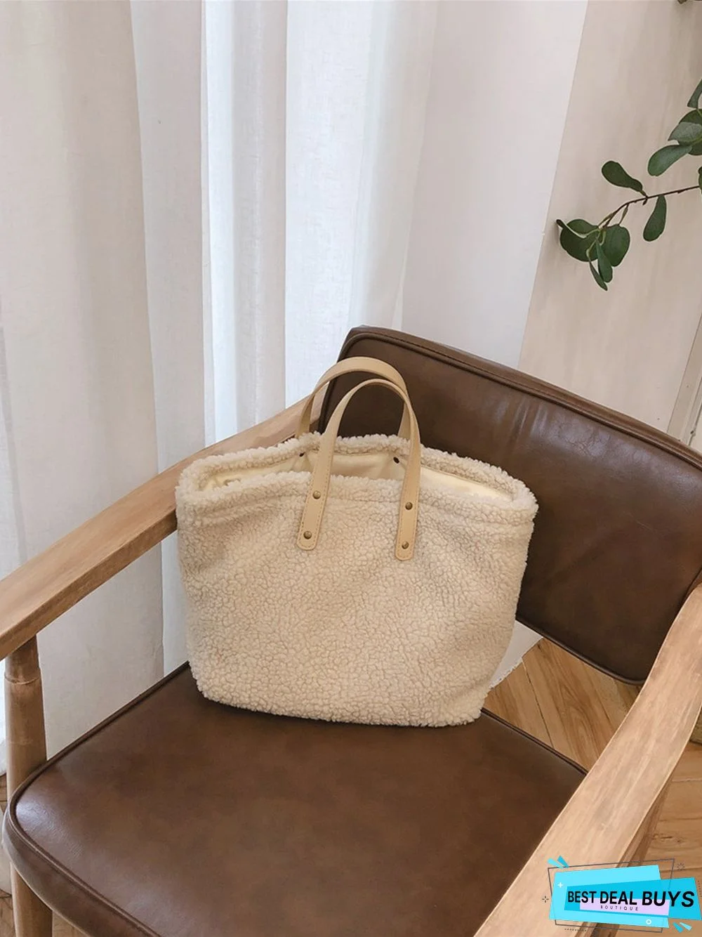 Pure Color Lambswool Large Capacity Handbag