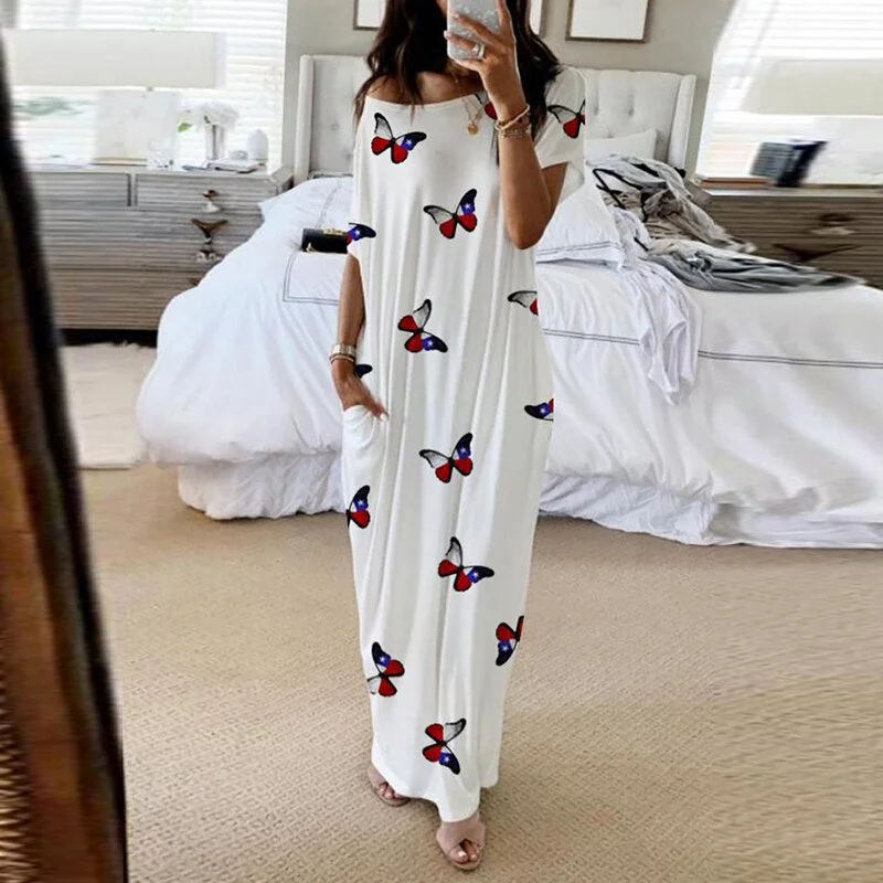 2020 Summer New Fashion Striped Strapless Dress Loose Round Neck Short Sleeve Long Dress Casual Elegant Moon Star Printing Dress