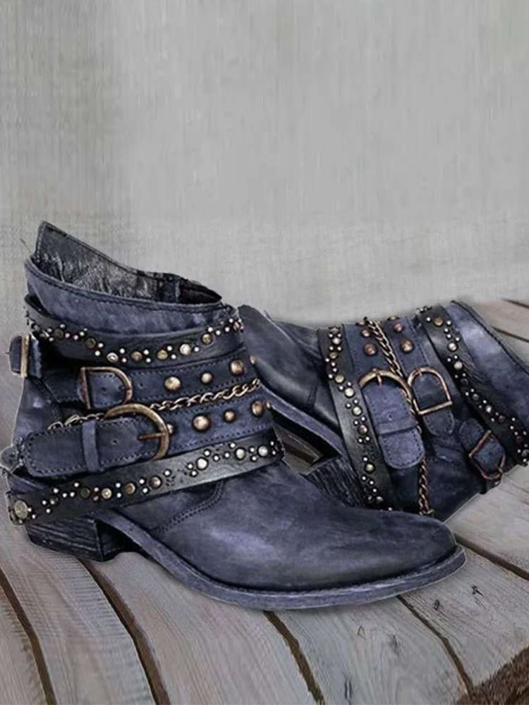 VChics Vintage Washed Studded Buckles Ankle Boots