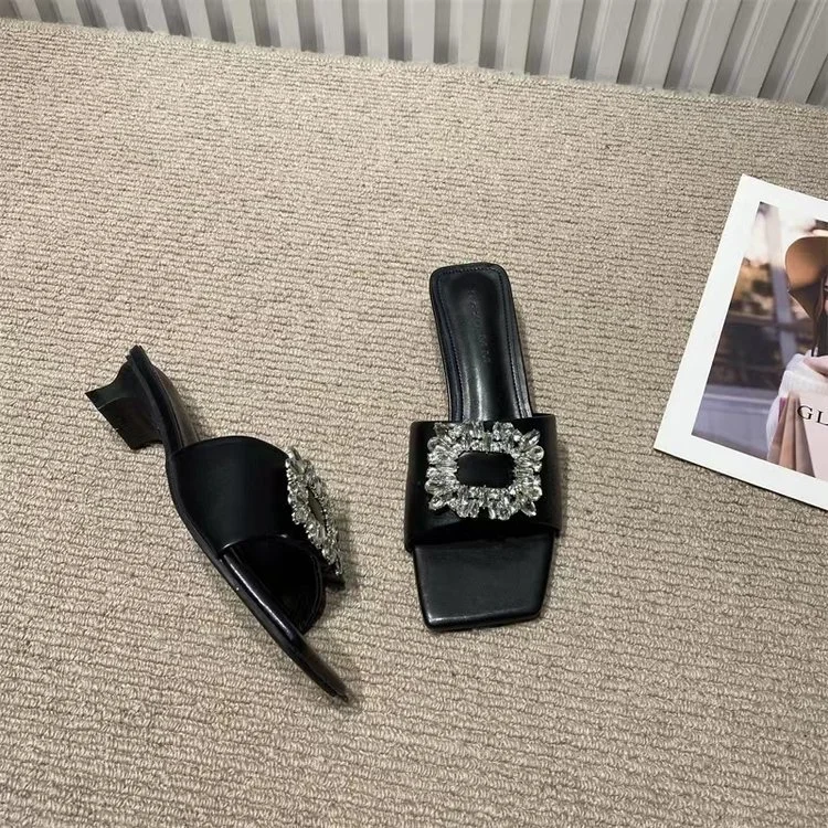 Wongn Wongn Summer New Fashion Rhinestone Square Button One-Word Women's Shoes With Cool Slippers Female