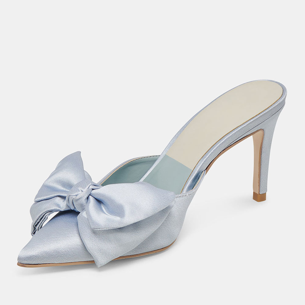 Light Blue Satin Pointed Toe Kitten Heel Mules Shoes with Bow
