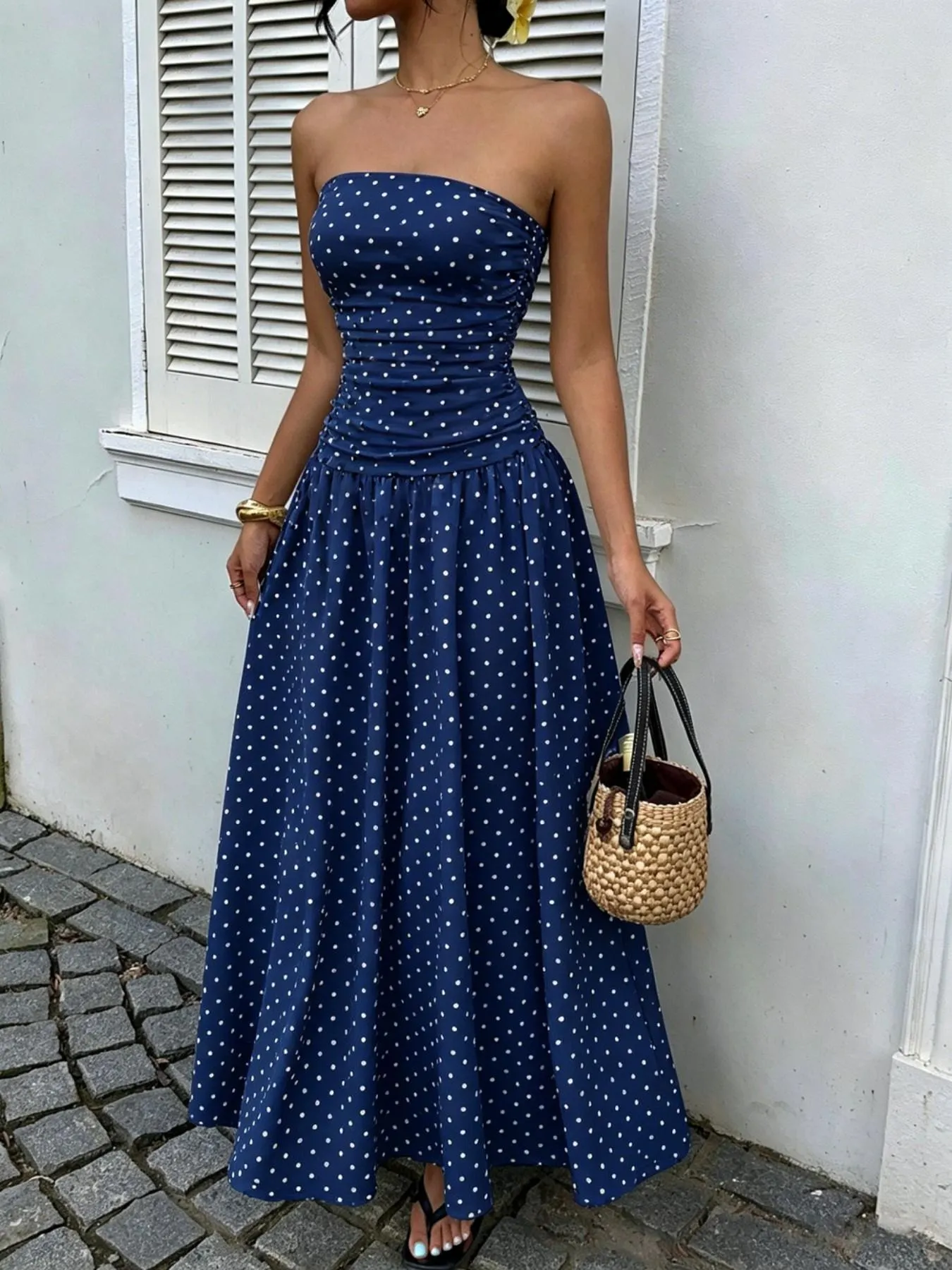 Women's Elegant Chic Fashion Polka Dot Strapless Dress, Stylish Sleeveless Maxi Dress for Parties and Casual Wear Womenswear, Elegant Evening Dress, Formal Dress