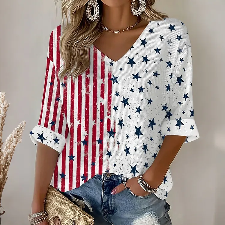 Women's Retro Flag Print Casual Linen Shirt