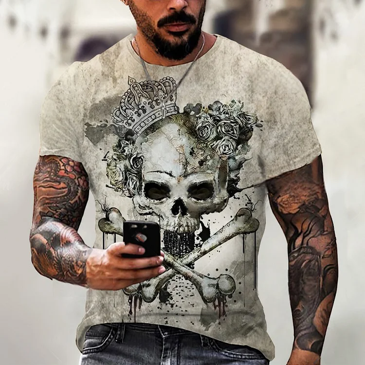 Skull Print Vintage Casual Crew Neck Short-sleeved Men's Khaki T-shirts at Hiphopee